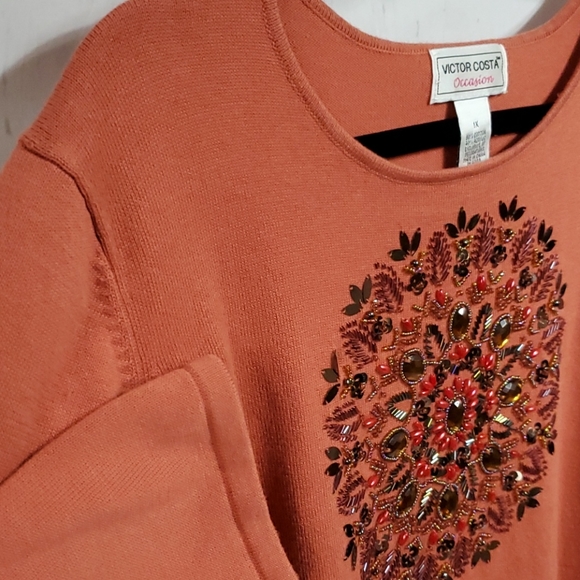 Victor Costa Vintage Plus Coral Beaded Sweater 1X Fall - Picture 2 of 7